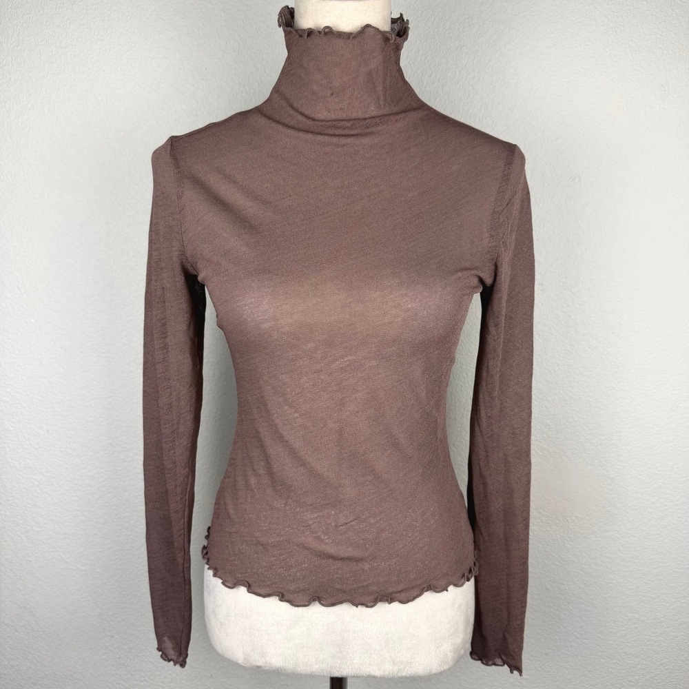 NA-KD Brown Lettuce Edge Trim Sheer Mesh Turtleneck Long Sleeve Top Size Small